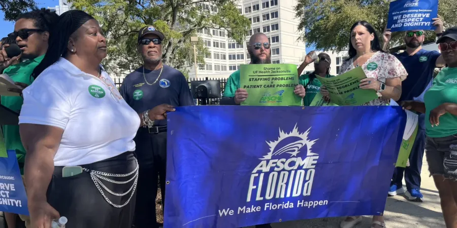 AFSCME Florida members outside the University of Florida Health Jacksonville hospital.