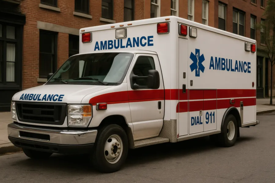 An ambulance on a city street.