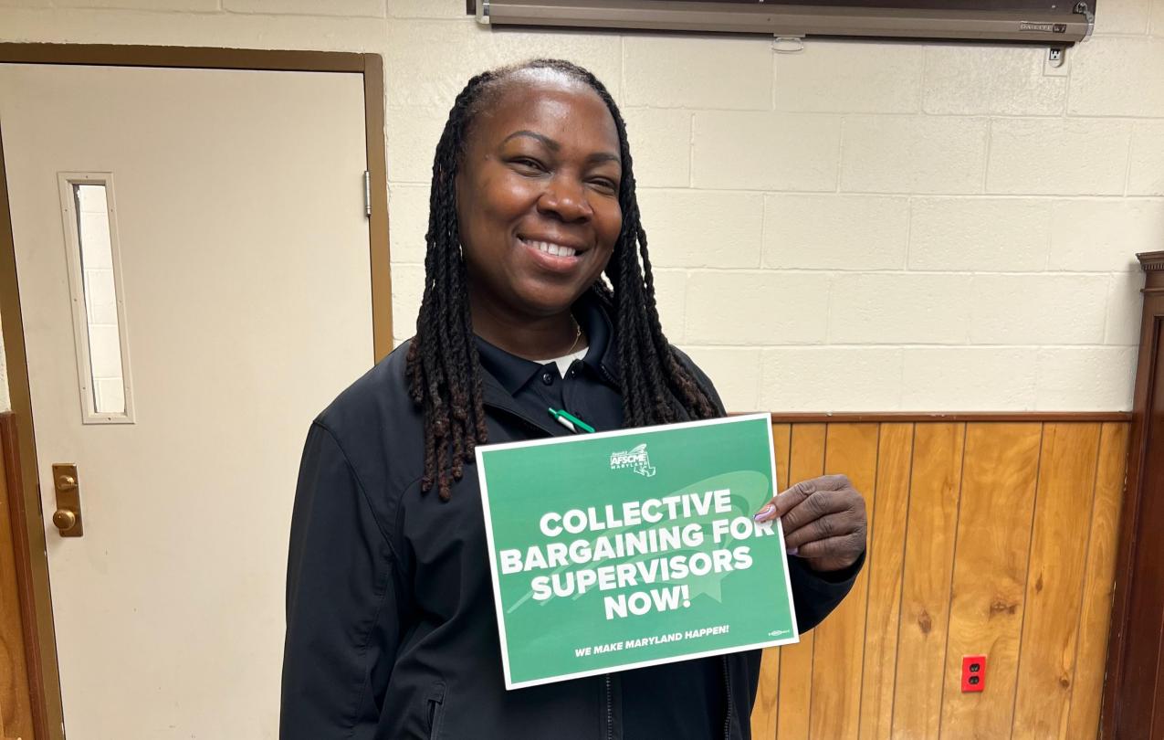 AFSCME supervisor member Elisha Mack supporting collective bargaining rights for supervisors in Maryland