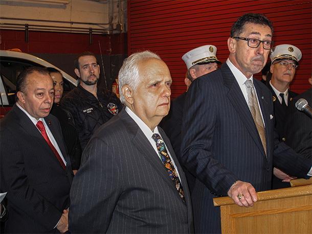 (from left): Local 2507 Pres. Israel Miranda, New York State Assemblyman Joseph Lentol, and New York Fire Department Commissioner Daniel Nigro.