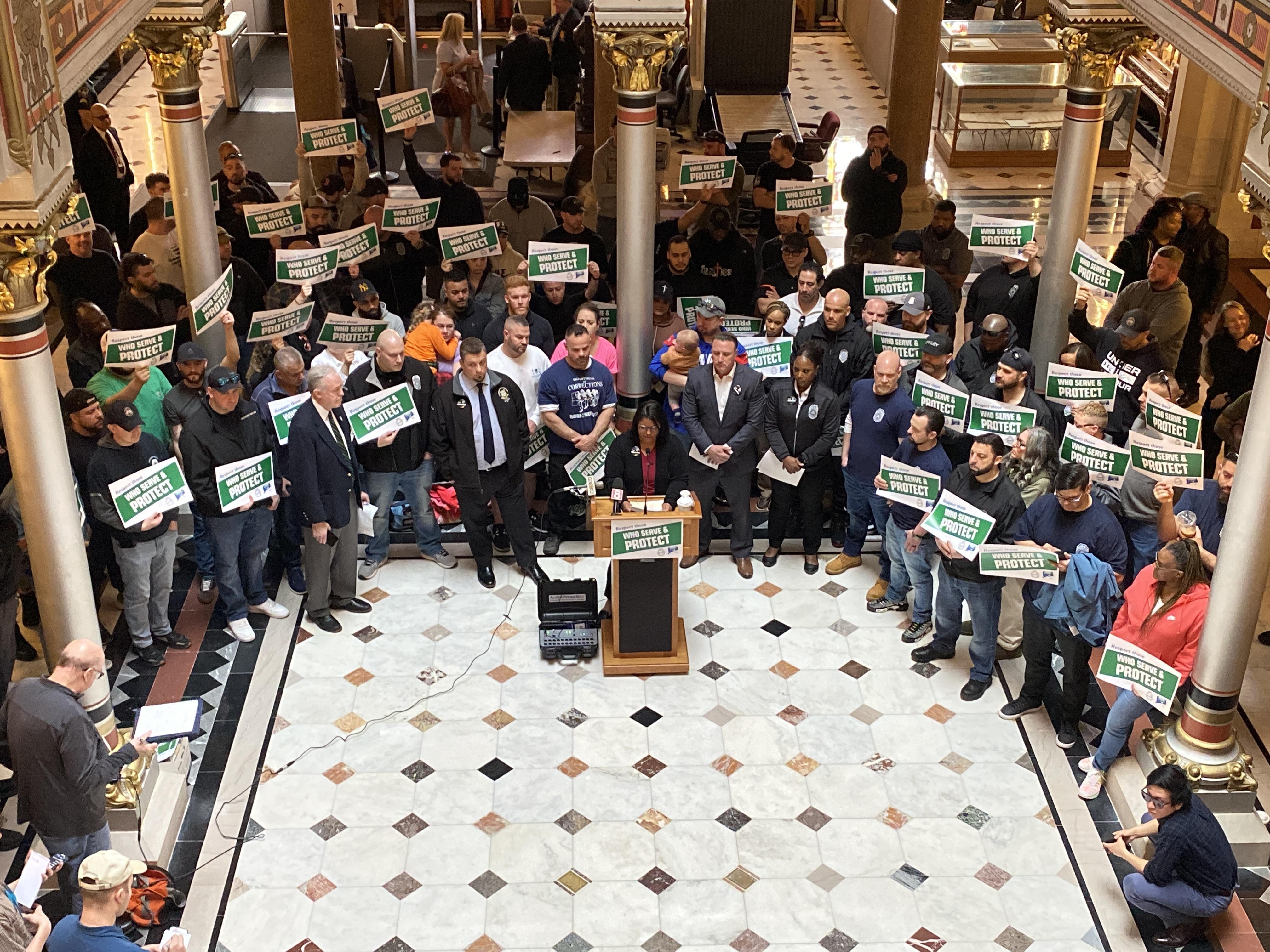 Members of AFSCME Local 387, 1565, and 391 of Council 4 who work in state corrections gathered for a rally and press conference at the State Capitol building in Hartford on Wednesday, April 10. Photo credit: Aaron Gallant/AFSCME.