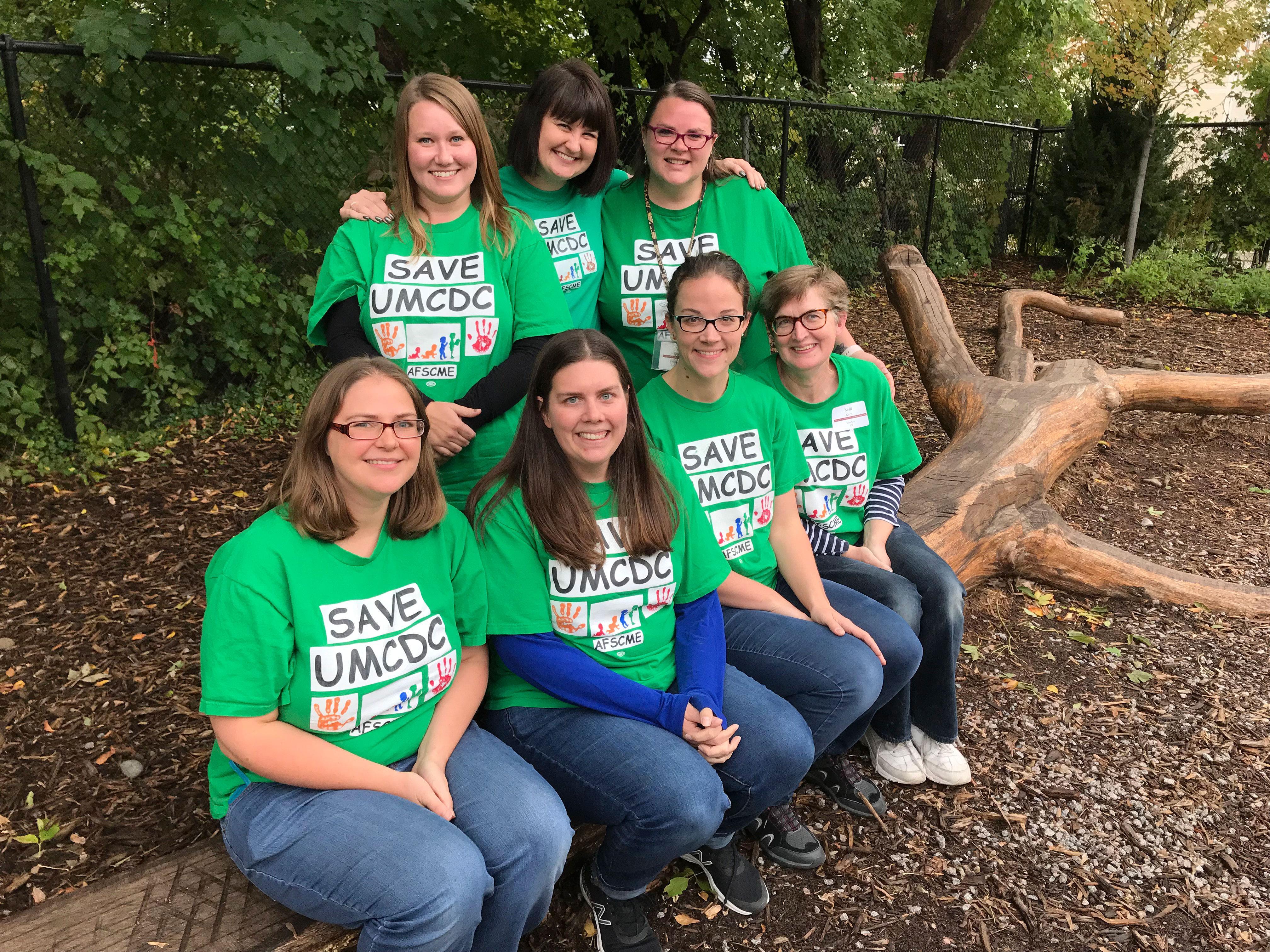 Front row, left to right: Steward Emily Erpelding; staff campaign co-chair, Heather Lynch; Laura Elliott; and Kelli Kern. Back row, left to right: Mandy Sumwalt; Lily Bray; and co-chair Magn Wakeham. 
