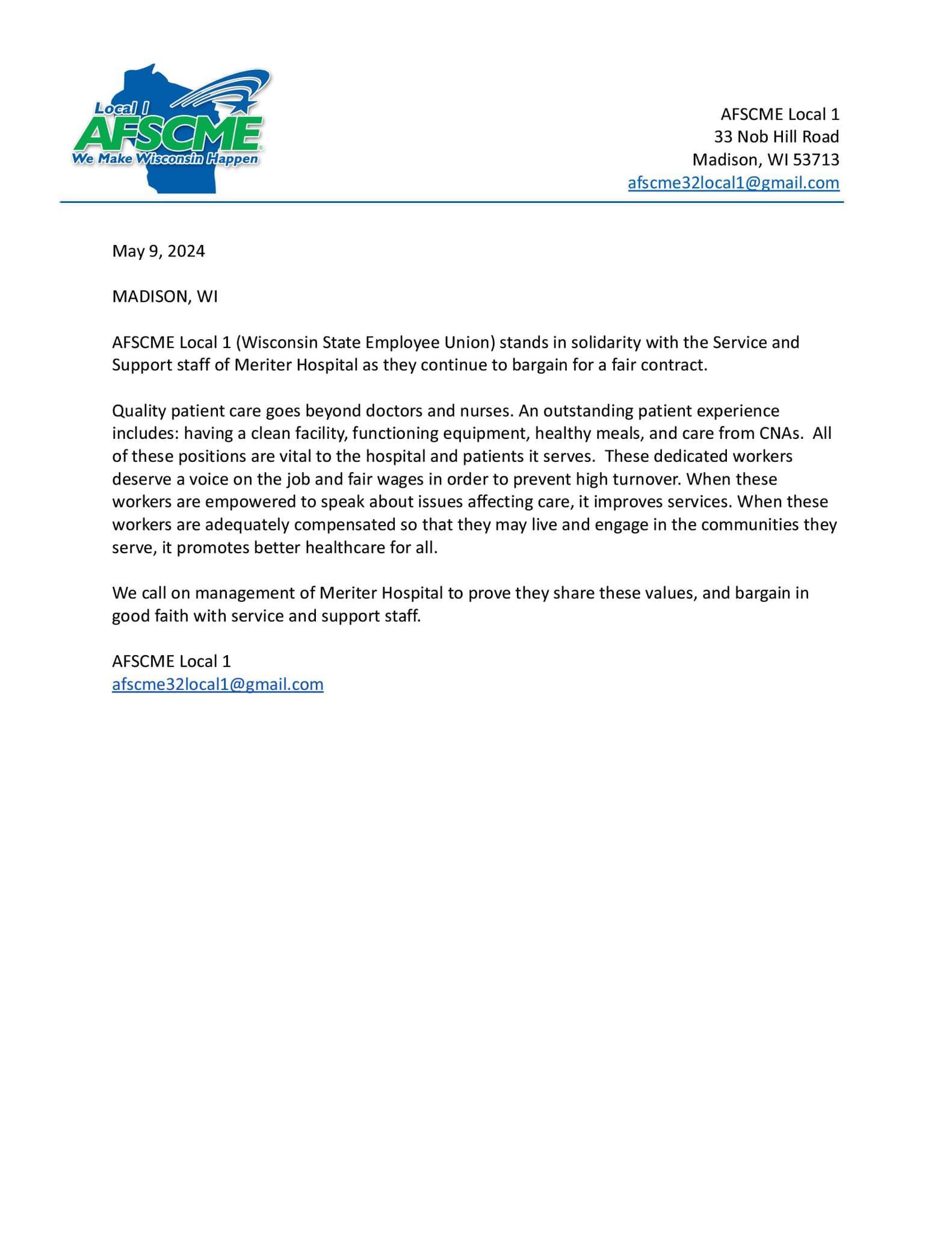 Solidarity with Meriter Service and Support Staff!