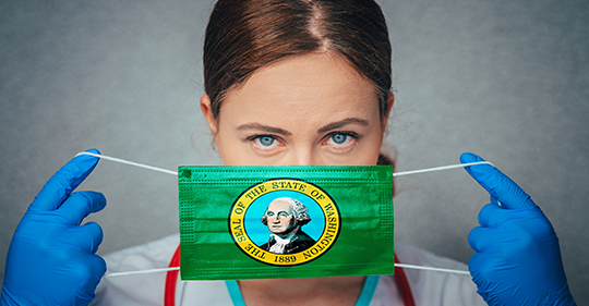 Image of a medical worker putting on a surgical mask adorned with the seal of the State of Washington