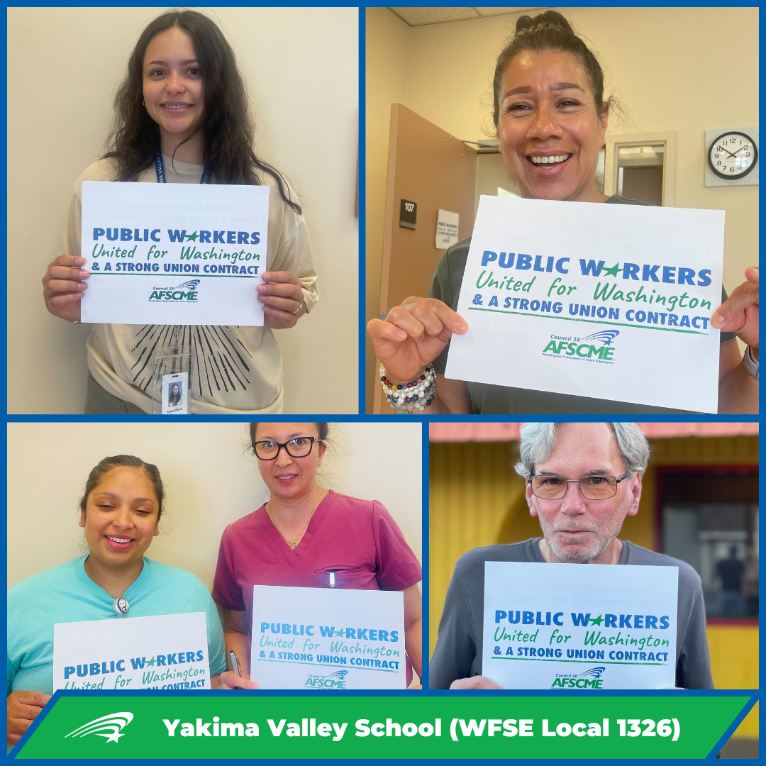 Yakima Valley School members holding signs supporting a fair contract