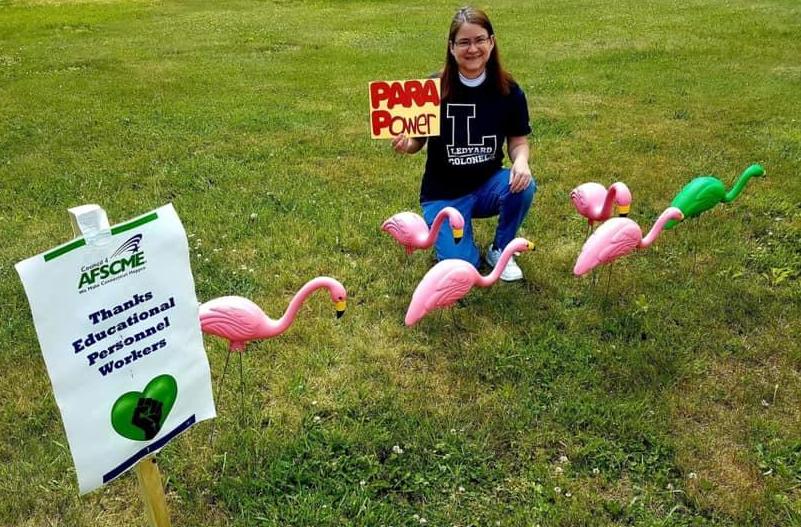 Ledyard Special Education Paraprofessional Lori Burton (Gales Ferry School K-2) is getting "flocked".