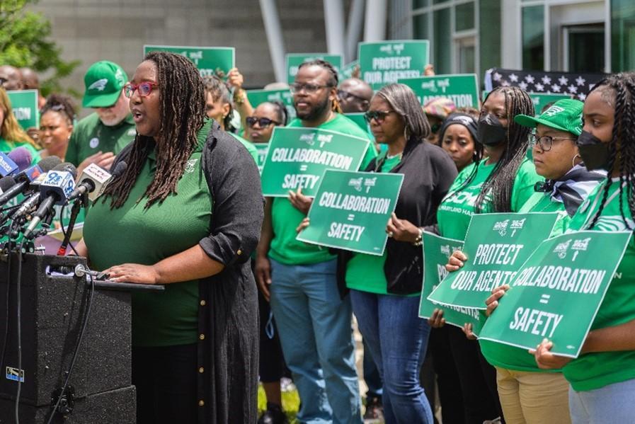 Rayneika Robinson, president of Local 3661, speaks at the rally and press conference on June 11 in Catonsville, Maryland.