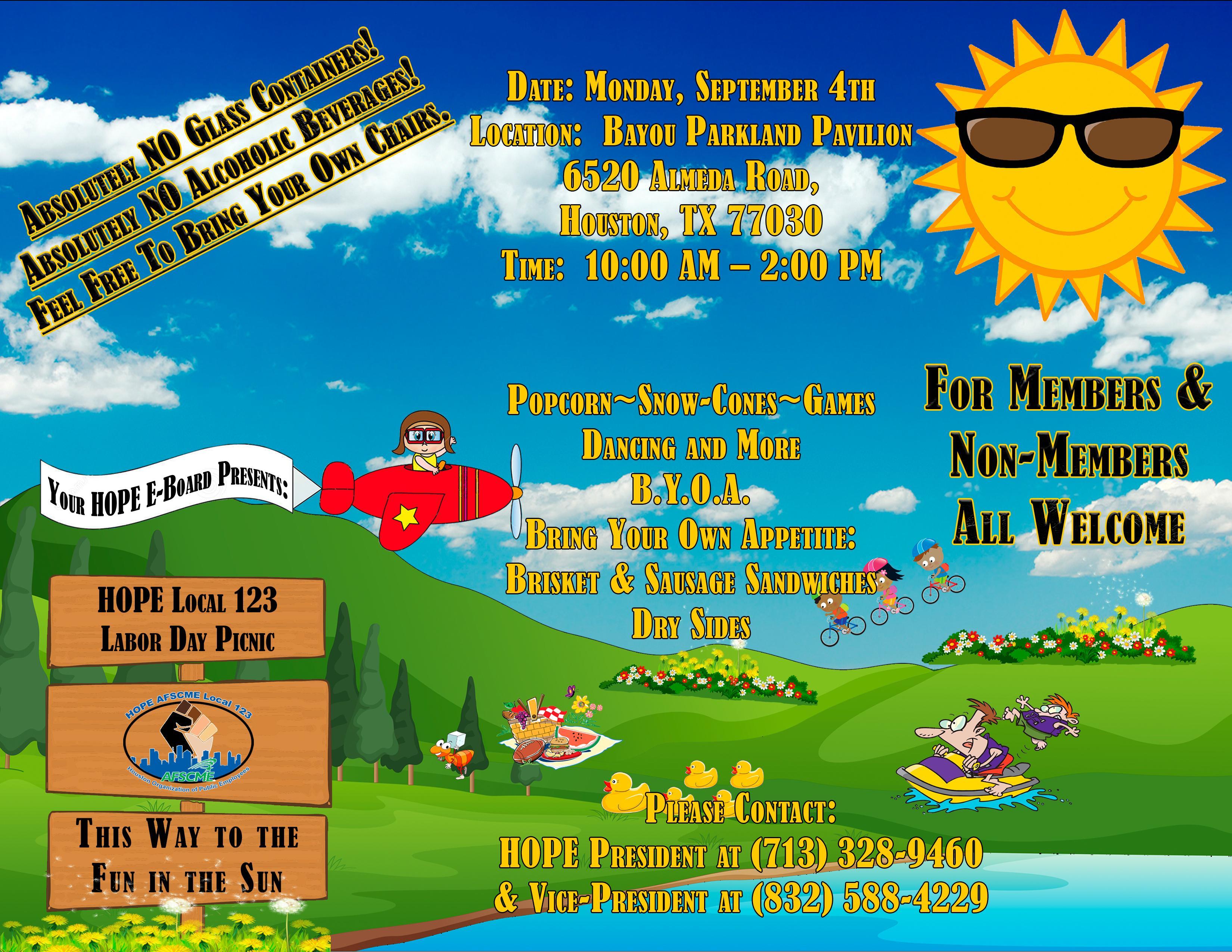 HOPE Labor Day Picnic 2023, Monday, Sept 4th, 10 AM - 2 PM, Bayou Parkland Pavilion, 6520 Almeda Road, Houston, TX 77030.