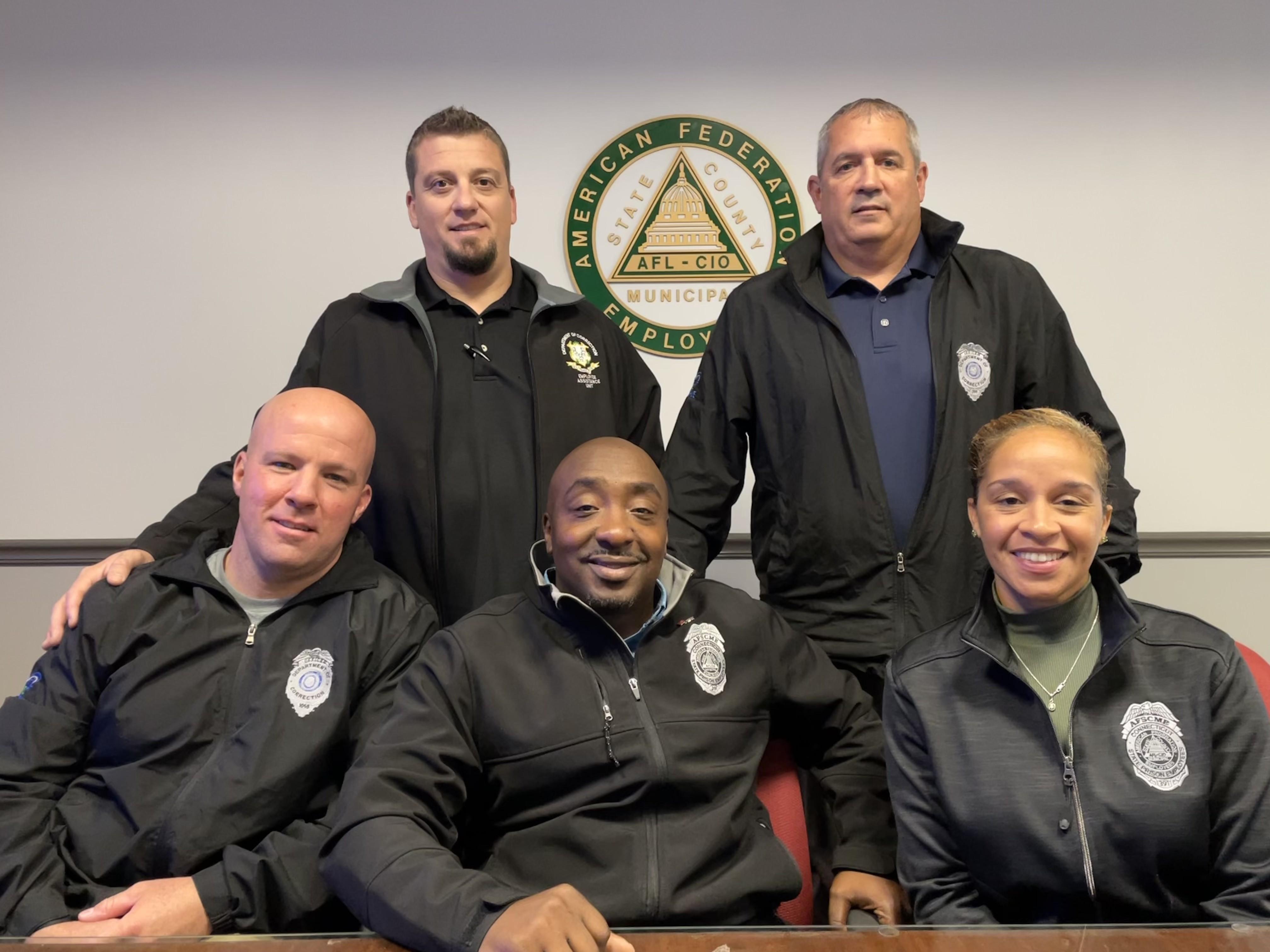 Council 4 Corrections members (L-R): Patrick McGoldrick, Local 1565 Chief Steward; Mike Vargo, Local 1565 President; Robert Beamon, Local 391 Vice President; Collin Provost, Local 391 President; Aimmee Reyes-Greaves, Local 391 Executive Board member.