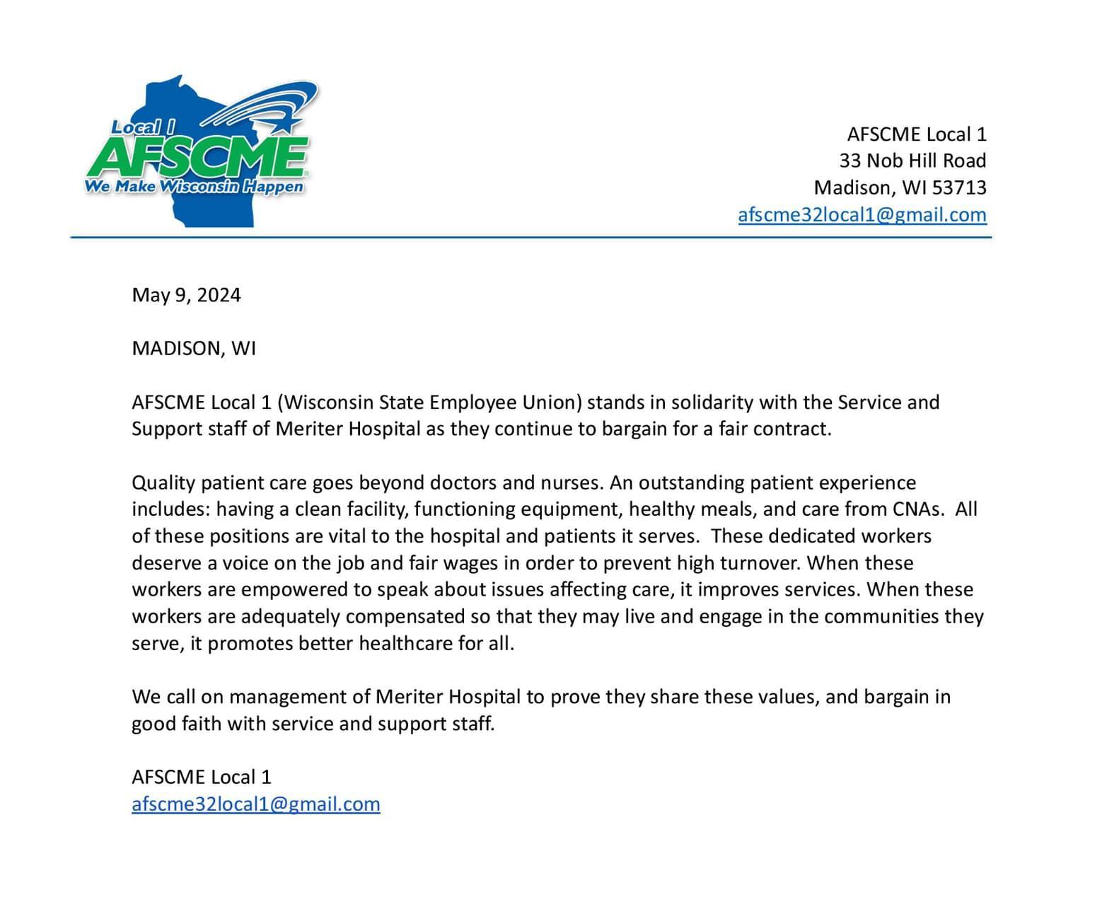 Solidarity with Meriter Service and Support Staff!