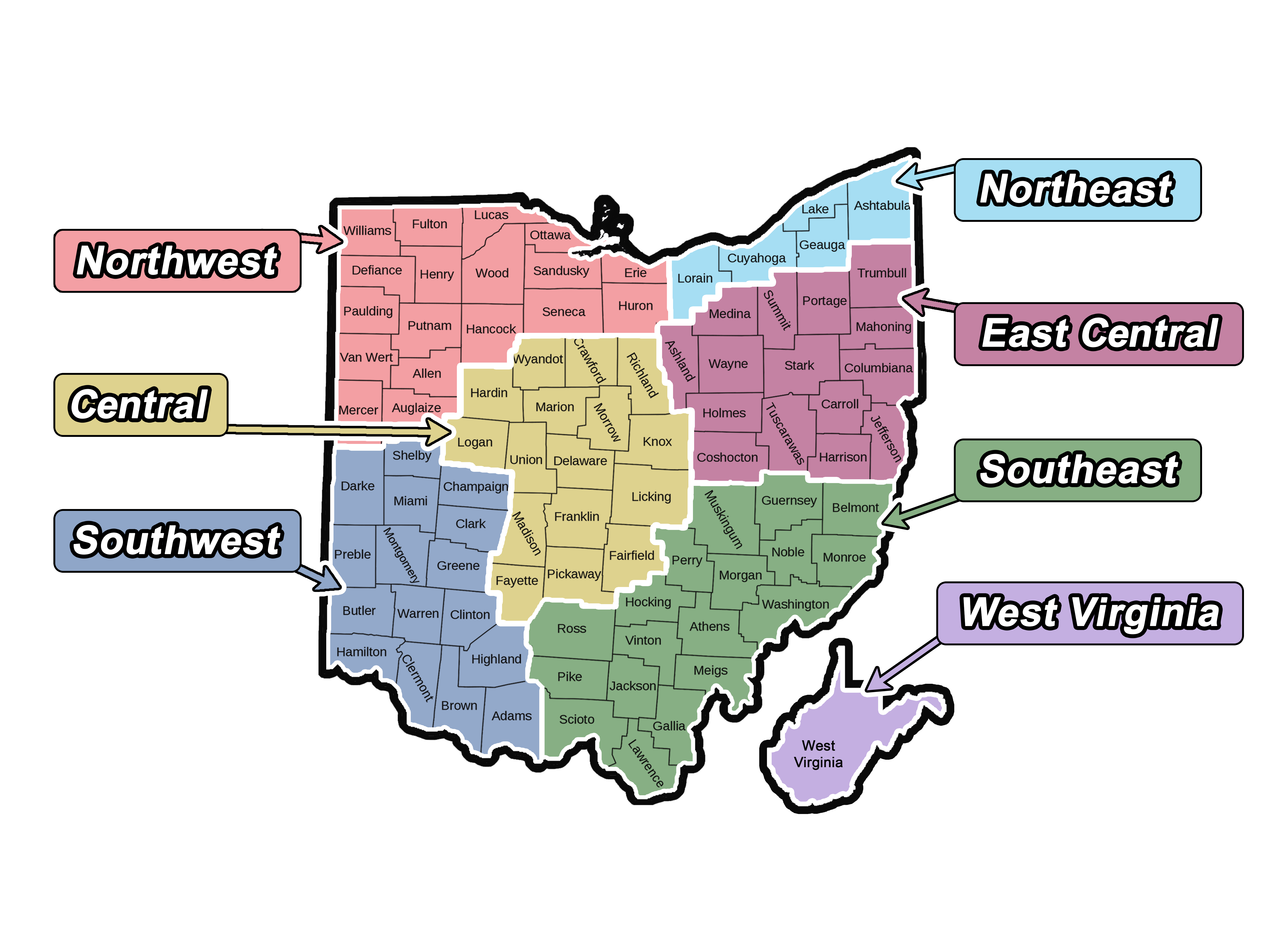 A map of Chapter 1184's regions by county.