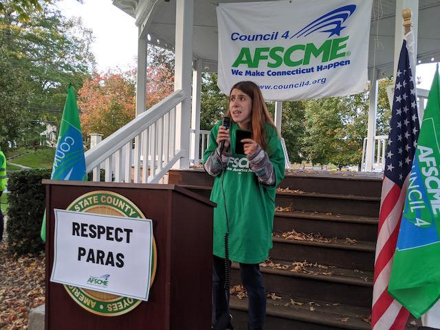 Killingly paraprofessional and Local 3689 member Sarah St. George rallies the crowd.