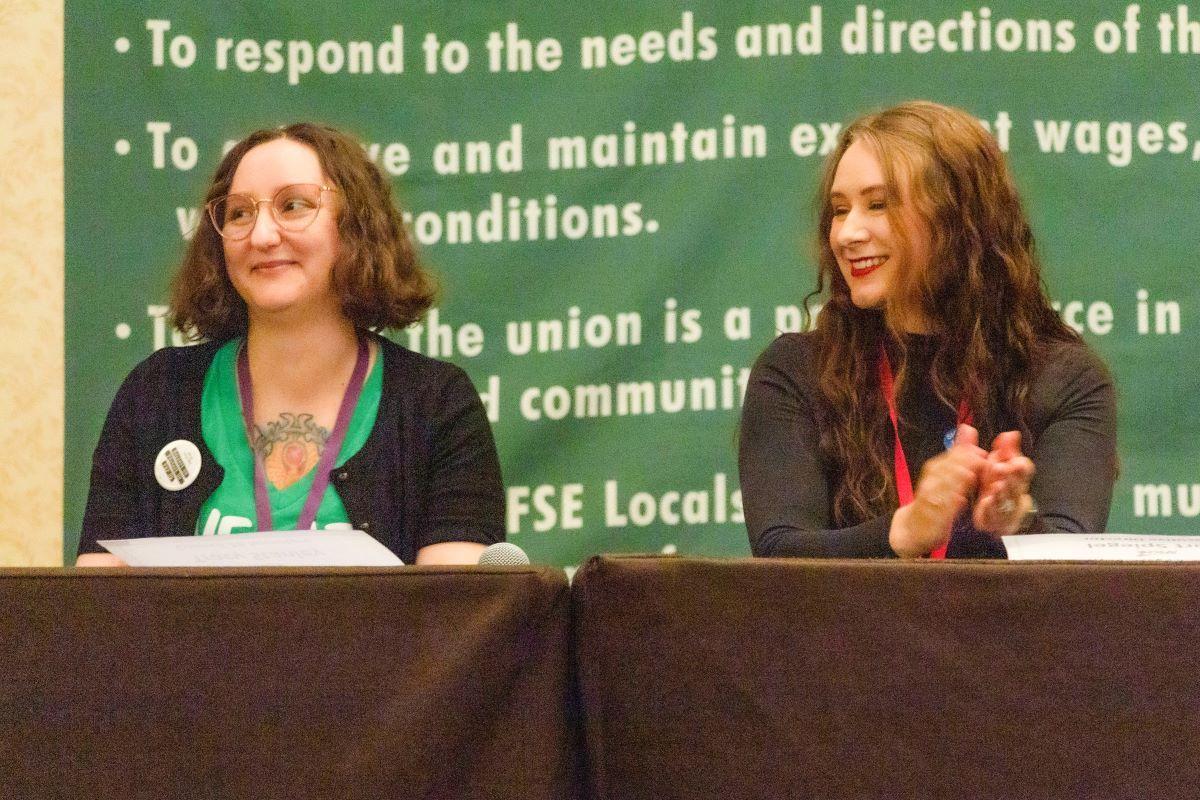 Jeanette and Marge, presidents of WFSE Local 443 and 889, speaking at the Communications Panel