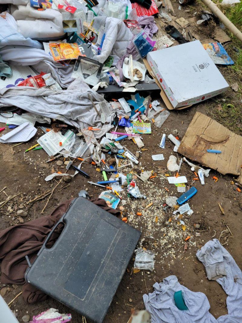 A picture from a WSDOT WFSE member showing the hazards of their workplace, where they are exposed to hazards as needles , fecal matter , blood borne diseases and other dangerous objects as we'll as pipe bombs.